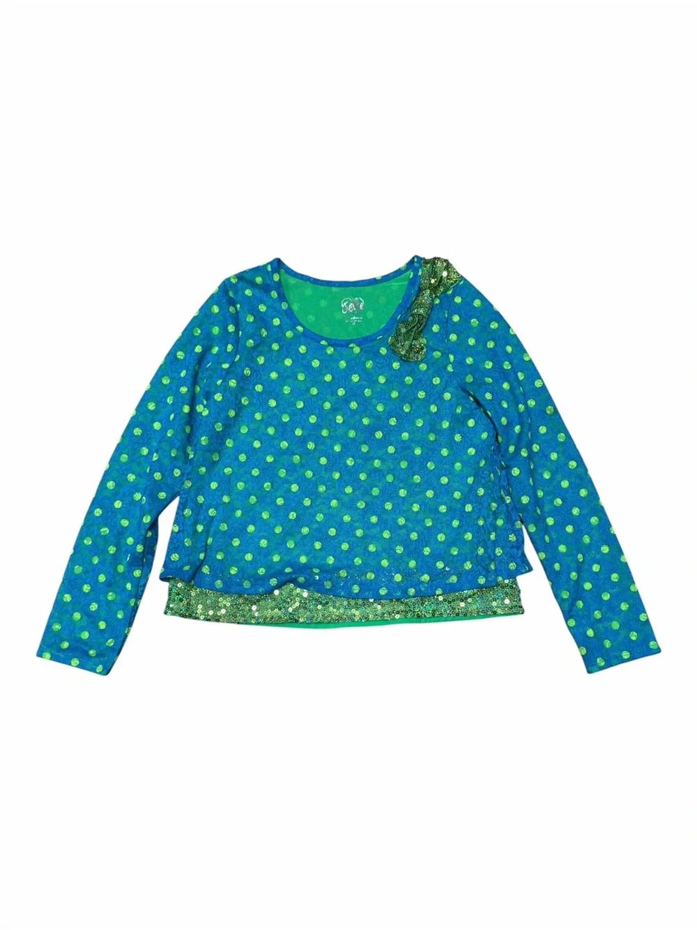 Justice Girls Size 12 Blue Green Polka Dot Sequin Layered Long Sleeve Top